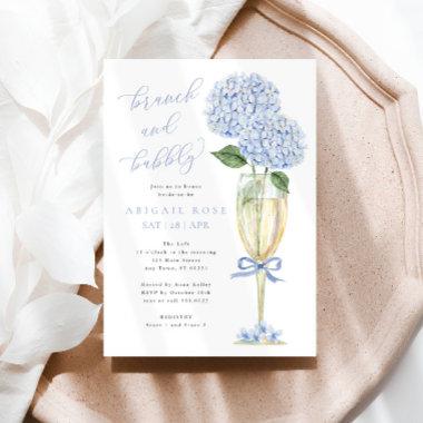 Blue Hydrangea Brunch and Bubbly Gold Champagne Invitations
