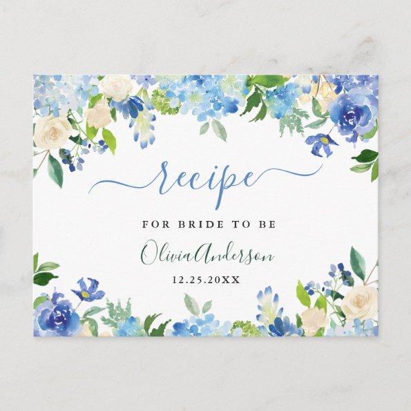 Blue Hydrangea Floral Bridal Shower Recipe Invitations