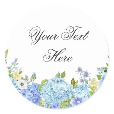 Blue Hydrangea Floral Greenery Watercolor Custom Classic Round Sticker