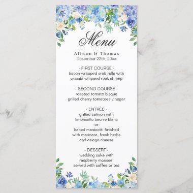 Blue Hydrangea Floral Greenery Wedding Menu Invitations