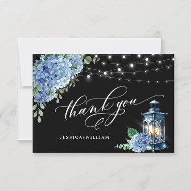 Blue Hydrangea Floral Lantern Black Boho Wedding Thank You Invitations