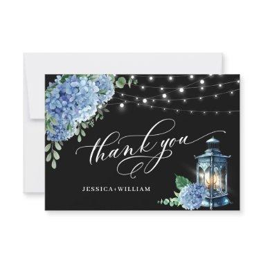 Blue Hydrangea Floral Lantern Black Boho Wedding Thank You Invitations