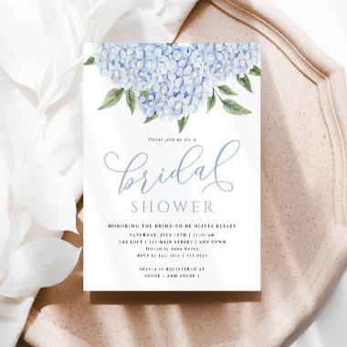 Blue Hydrangea Flowers Calligraphy Bridal Shower Invitations