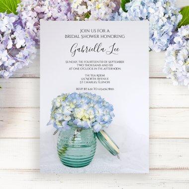Blue Hydrangea Flowers in Jar Vase Bridal Shower Invitations