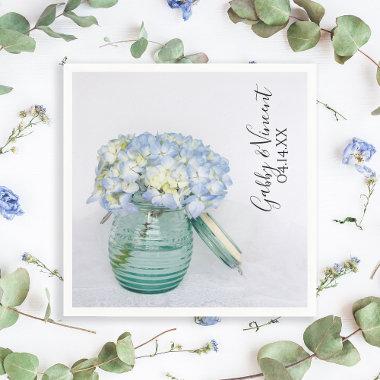 Blue Hydrangea Flowers in Jar Vase Wedding Napkins