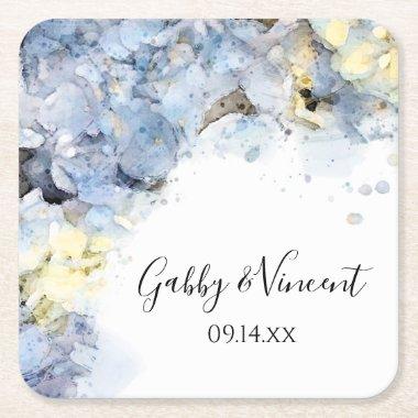 Blue Hydrangea Flowers Watercolor Wedding Square Paper Coaster