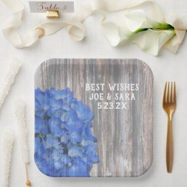 Blue Hydrangea Flowers Wood Look Wedding Paper Plates