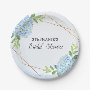 Blue Hydrangea Geometric Floral Bridal Shower Paper Plates