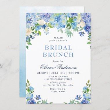 Blue Hydrangea Greenery Watercolor Bridal Brunch Invitations