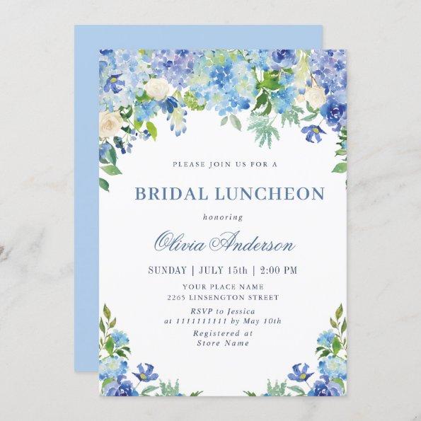Blue Hydrangea Greenery Watercolor Bridal Luncheon Invitations