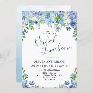 Blue Hydrangea Greenery Watercolor Bridal Luncheon Invitations