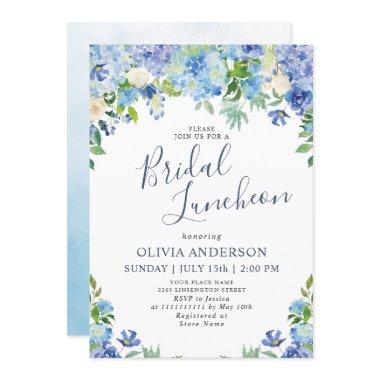 Blue Hydrangea Greenery Watercolor Bridal Luncheon Invitations