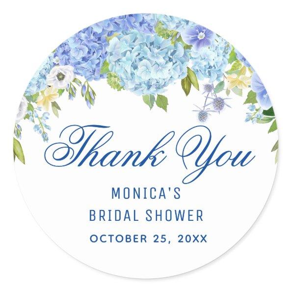 Blue Hydrangea Greenery Watercolor Bridal Shower Classic Round Sticker