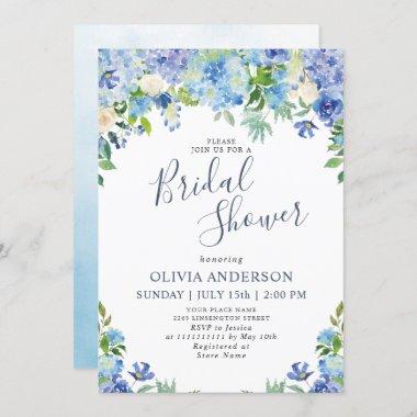 Blue Hydrangea Greenery Watercolor Bridal Shower Invitations