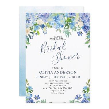 Blue Hydrangea Greenery Watercolor Bridal Shower Invitations