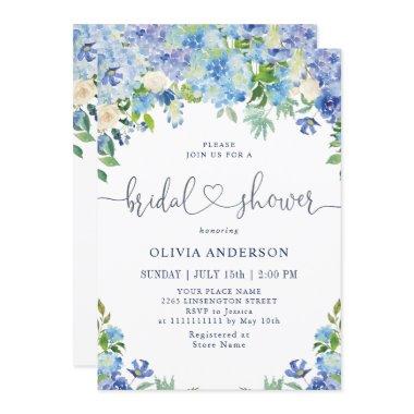 Blue Hydrangea Greenery Watercolor Bridal Shower Invitations