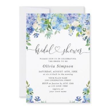 Blue Hydrangea Greenery Watercolor Bridal Shower Invitations