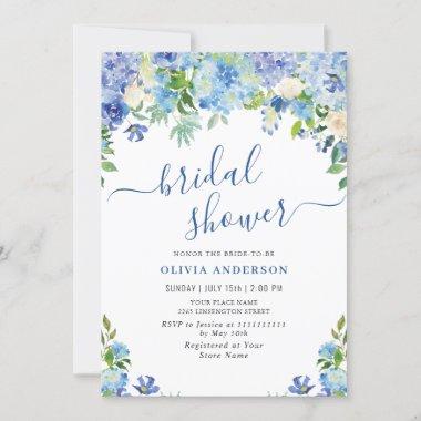 Blue Hydrangea Greenery Watercolor Bridal Shower Invitations