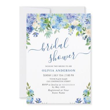 Blue Hydrangea Greenery Watercolor Bridal Shower Invitations