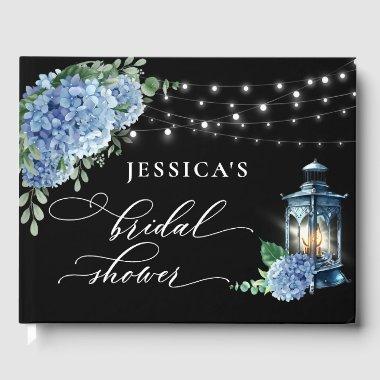 Blue Hydrangea Lantern Black Boho  Guest Book