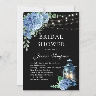 Blue Hydrangea Lantern Black Boho Bridal Shower Invitations