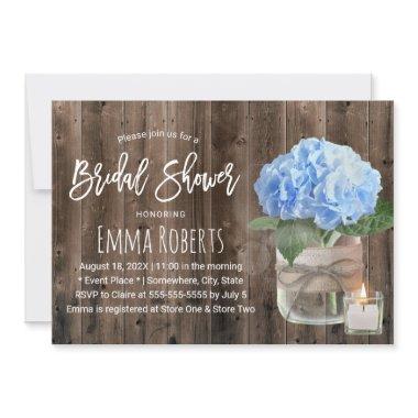 Blue Hydrangea Mason Jar Barn Wood Bridal Shower Invitations