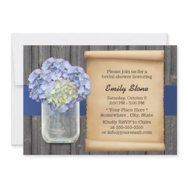 Blue Hydrangea & Mason Jar Barn Wood Bridal Shower Invitations