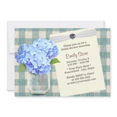 Blue Hydrangea & Mason Jar Plaid Bridal Shower Invitations