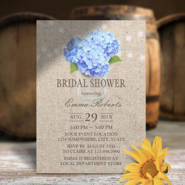Blue Hydrangea Mason Jar Rustic Bridal Shower Invitations