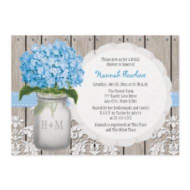 Blue Hydrangea Monogrammed Mason Jar Bridal Shower Invitations