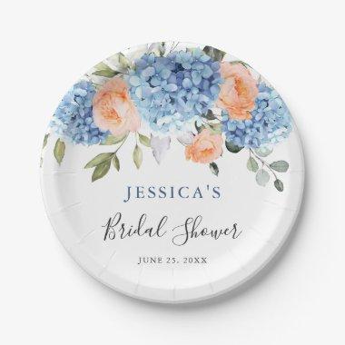 Blue Hydrangea Pink Blush Roses Bridal Shower Paper Plates