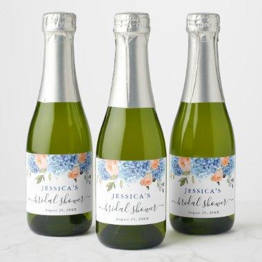 Blue Hydrangea Pink Blush Roses Bridal Shower Sparkling Wine Label