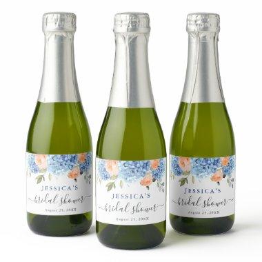 Blue Hydrangea Pink Blush Roses  Sparkling Wine Label