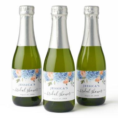 Blue Hydrangea Pink Blush Roses Bridal Shower Sparkling Wine Label