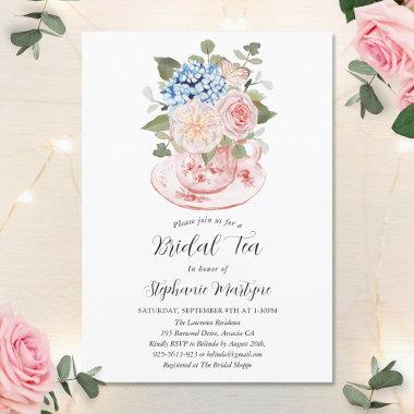 Blue Hydrangea Pink Floral Bridal Tea Shower Invitations