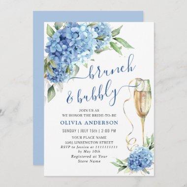 Blue Hydrangea Watercolor Floral Brunch and Bubbly Invitations