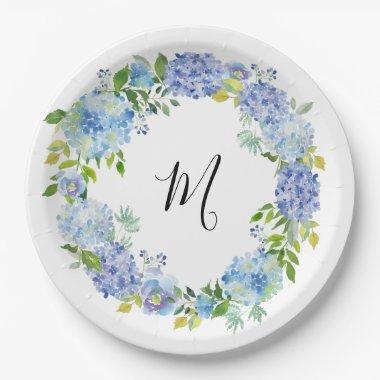 Blue Hydrangea Watercolor Floral Monogram Paper Plates