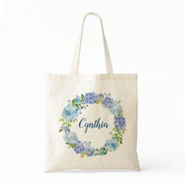 Blue Hydrangea Watercolor Floral Wreath Bridesmaid Tote Bag