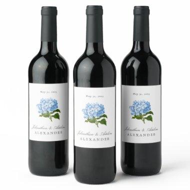 Blue Hydrangea Wedding Date and Names Wine Label