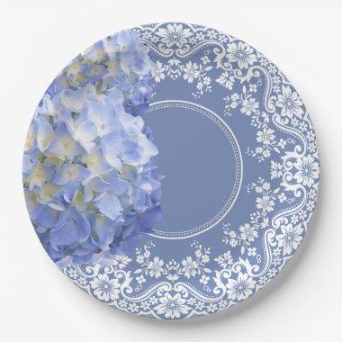 Blue Hydrangea White Lace Party Wedding Reception Paper Plates