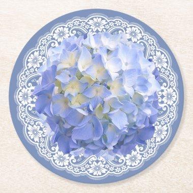 Blue Hydrangea White Lace Party Wedding Reception Round Paper Coaster