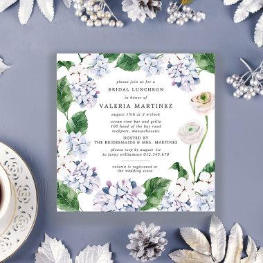 Blue Hydrangea White Rose Bridal Luncheon Square Invitations