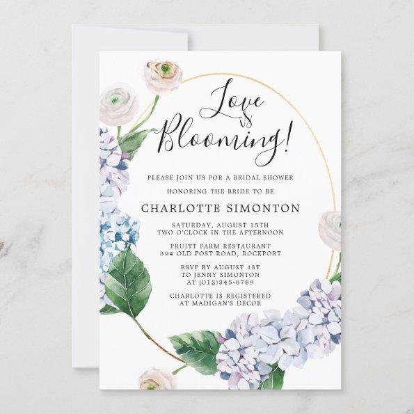 Blue Hydrangea White Rose Floral Bridal Shower Invitations