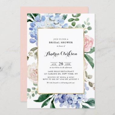 Blue Hydrangeas and Pink Roses Bridal Shower Invitations