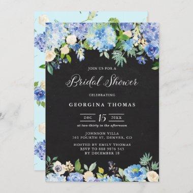 Blue Hydrangeas and Roses Chalkboard Bridal Shower Invitations