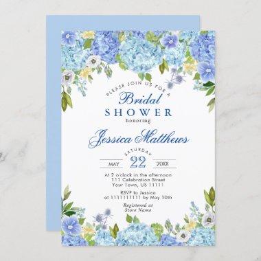 Blue Hydrangeas Greenery Watercolor Bridal Shower Invitations