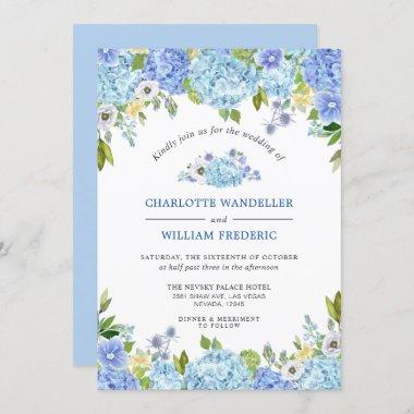 Blue Hydrangeas Greenery Watercolor Wedding Invitations