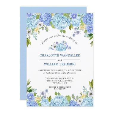 Blue Hydrangeas Greenery Watercolor Wedding Invitations