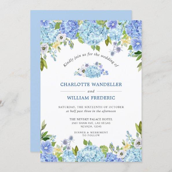 Blue Hydrangeas Greenery Watercolor Wedding Invitations