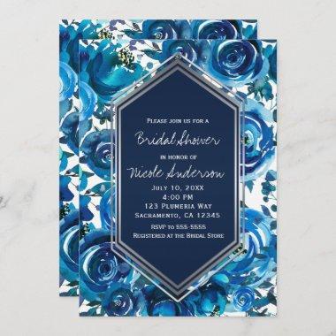 Blue Indigo Floral Flowers Elegant Bridal Shower Invitations
